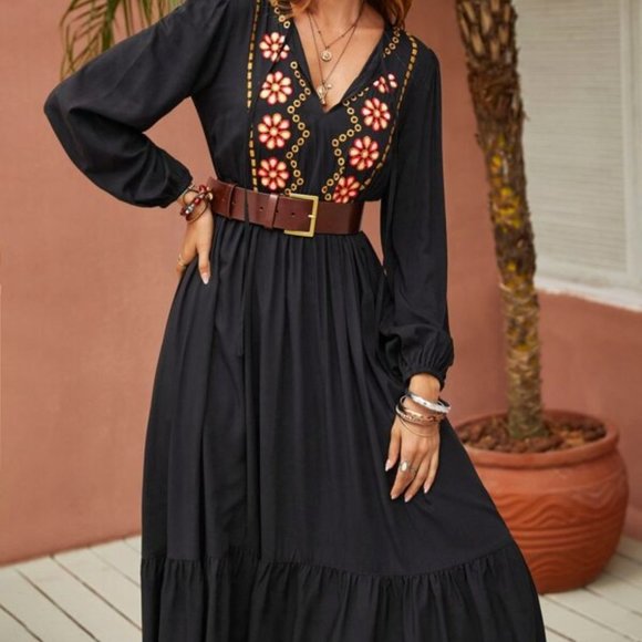 BOHO Flower Embroidered Tie Neck Lantern Sleeve Ruffle maxi dress - Picture 4 of 8